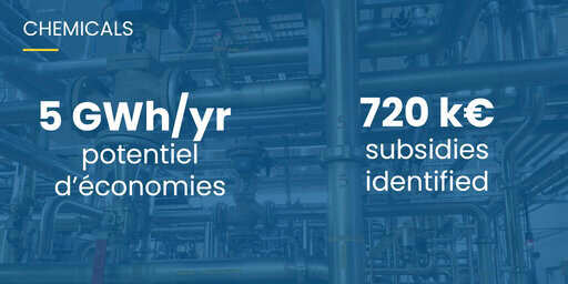 Fine chemicals case: the energy audit of the industrial site identified potential savings of 5 GWh/year and 720,000 euros in eligible subsidies.